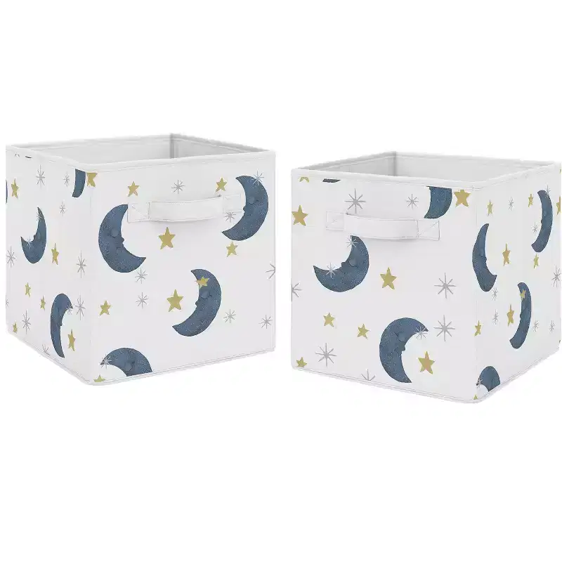 Boy or Girl Gender Neutral Unisex Kids' Decorative Fabric Storage Bins Bear and Moon Blue Gold and Grey