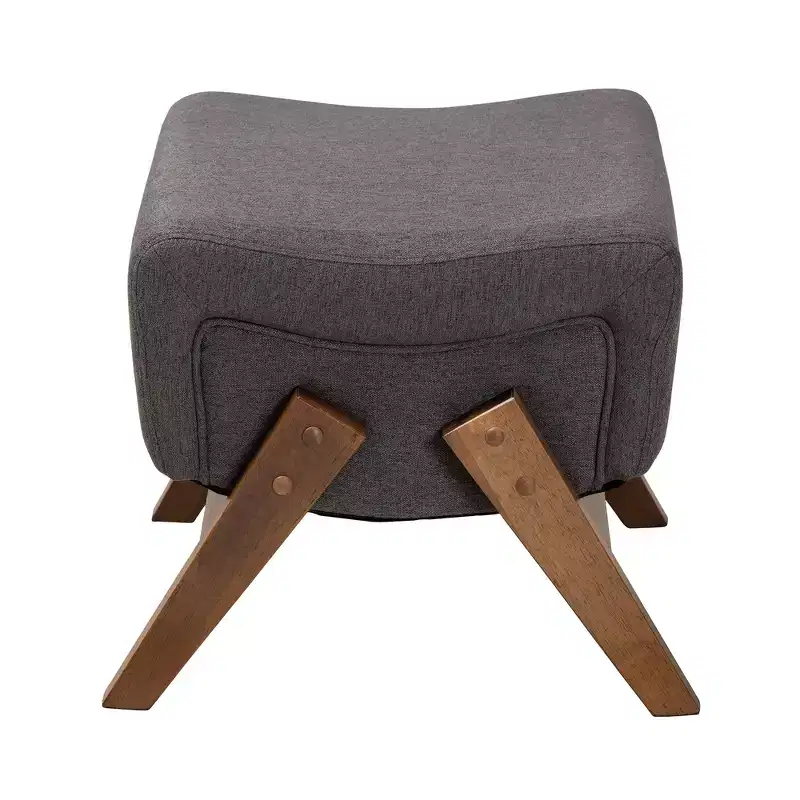 Mid-Century Modern Fabric Wood Ottoman – Bent Seat, Angled Legs, Foam Padded