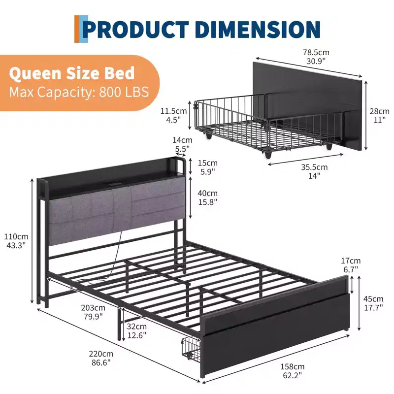 Queen Platform Bed Frame with Storage Drawers and Charging Station