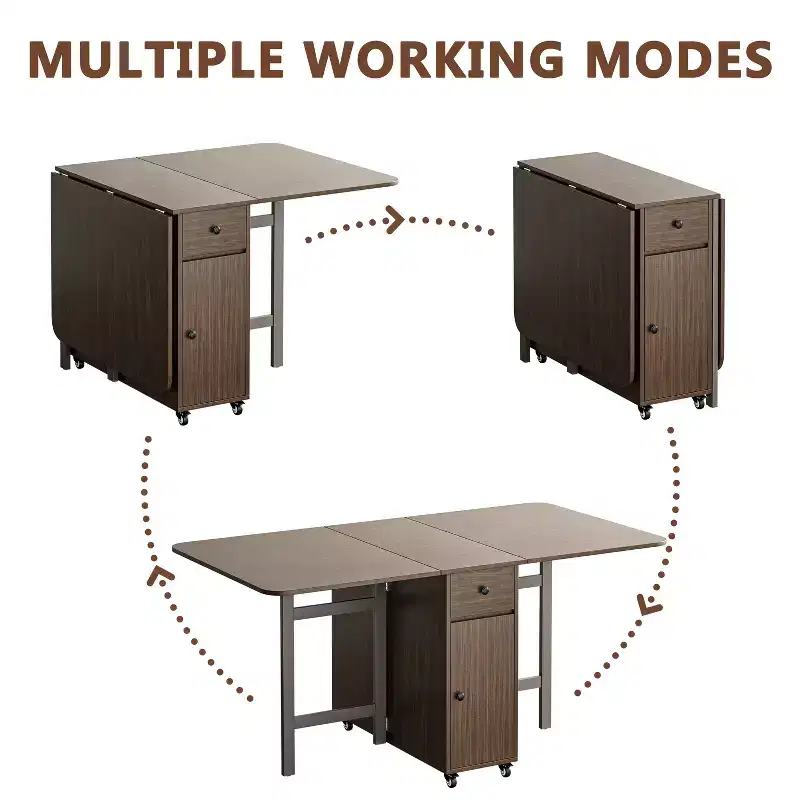 ATJafurn 59'' Folding Table No Assembly Required, Rectangular Wooden Extendable Dinning Table With Wheels And Storage