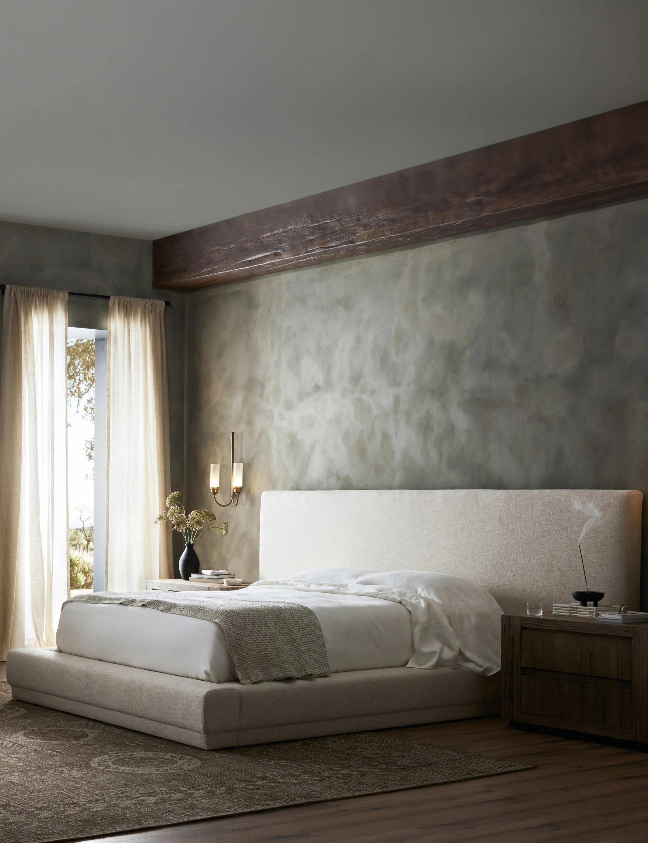 Extended Headboard Platform Bed - Modern Italian styling brings tailored sophistication to this upholstered bed