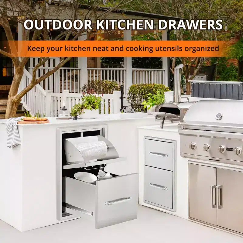 Silver Stainless Steel Outdoor Kitchen Cabinet – 3 Drawers & 3 Doors with Paper Towel Holder, Flush Mount, for 1-Station BBQ Island