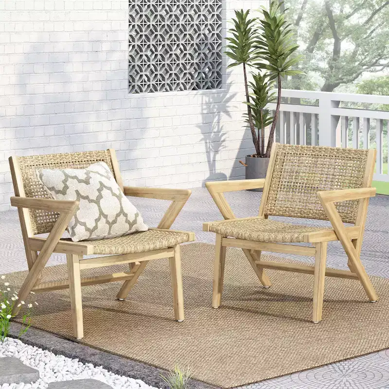 Okak 16 Rustic Patio Accent Chairs Premium Acacia Armchair with Woven Wicker Finish Seat&Back,Set of 2,Patio Furniture Seating,Natural