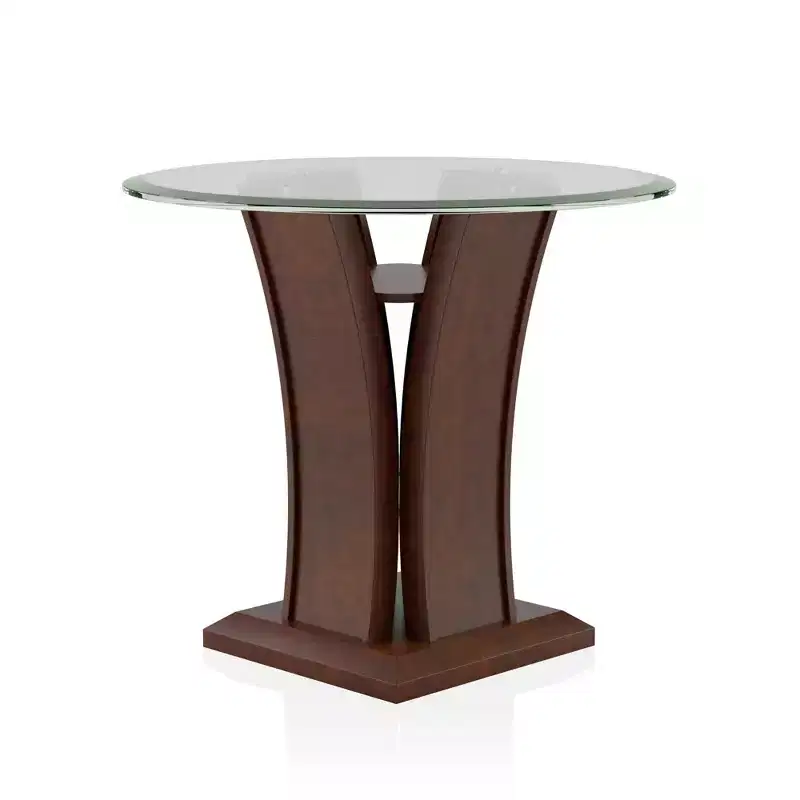 Round Glass Top End Table, Brown Cherry, Contemporary Pedestal, Tempered Top, Open Shelf