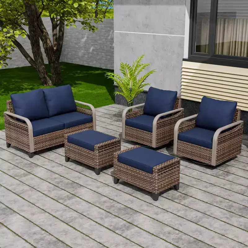EAGLE PEAK Wicker Outdoor Patio Conversation Set, 2 Swivel Rocking Chairs, 2-Seat Loveseat and 2 Ottomans, 5 Pieces