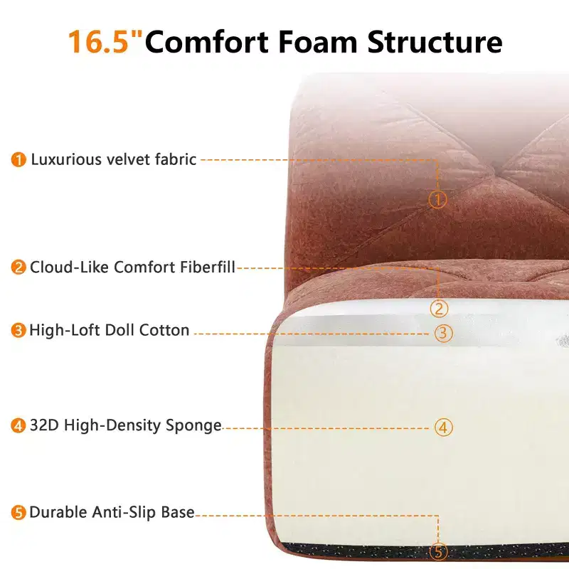 Clihome 110Boneless Sofa With Tufted,Soft Velvet Fabric,Modular Sectional Sofa,32D High Density Sponge,Anti-Slip Design,Ergonomic Design Bottom