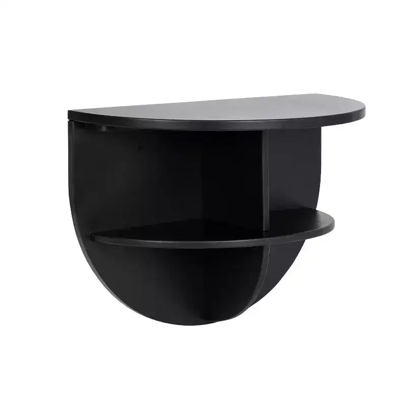 Half Circle Wood Floating Side Table – 18x14, Black, Built-In Shelves, Space-Saving