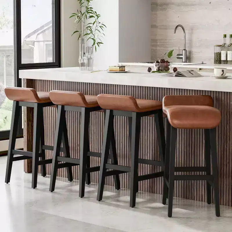 Counter Height Bar Stool with Low Back & Footrest, Wood Frame, Wide PU Leather Seat for Kitchen Islands & Counter Bars
