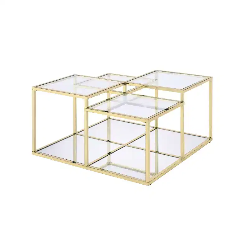 34 in Square Coffee Table, Tempered Glass Top with Gold Metal Frame, 34x34x19 in