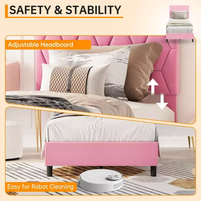 Bed Frame with Upholstered Headboard ,No Box Spring Needed, Noise Free, Easy Assembly, Pink