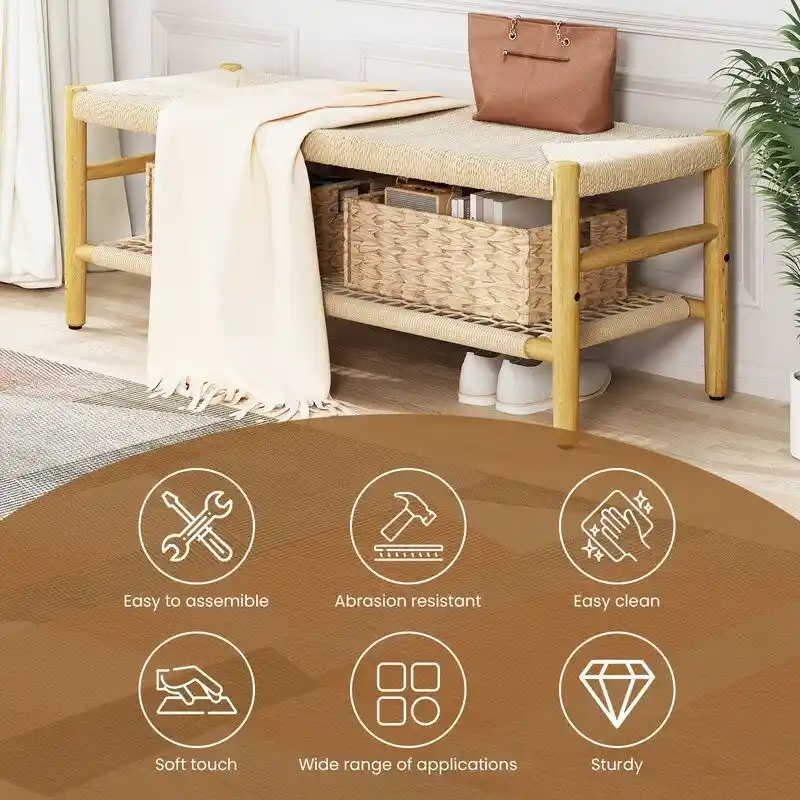 Boho Farmhouse Solid Wood Entryway Shoe Bench with Hand Woven Rope Design and Two Baskets, Natural End To Bed Bench