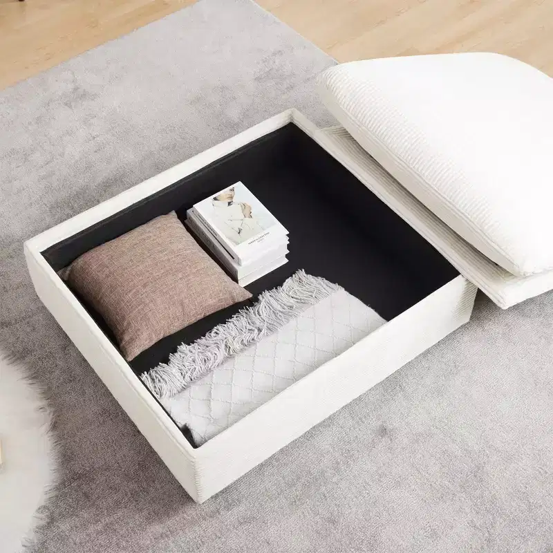Square Corduroy Storage Ottoman Bench with Hidden Storage, Upholstered Footrest