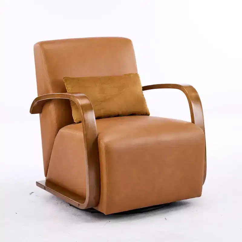 Zeus & Ruta Vintage Brown Luxe Faux Leather Upholstered 360 Swivel Accent Chair with Solid Wood Curved Arms