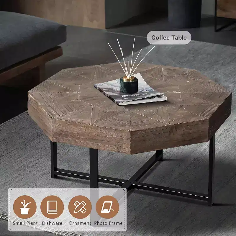 CuisinSmart Coffee Table, Vintage Patchwork Craft Farmhouse Side Table, Octagonal Wooden Side Table, Cross Metal Legs for Living Room Bedroom Balcony