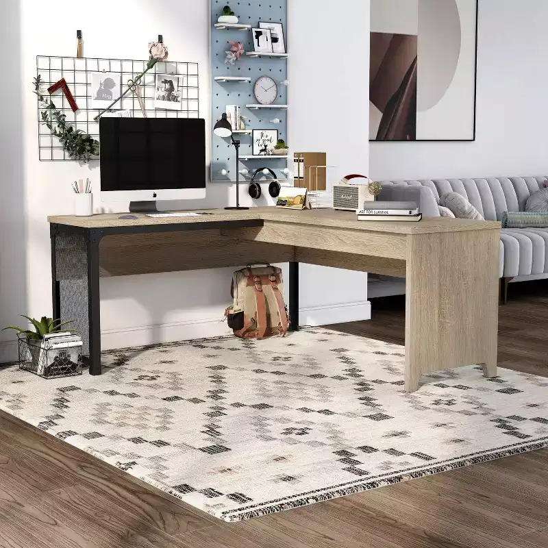 miBasics 65 Spiritroam Industrial L Shape Desk with Lift Top Natural Oak: Iron Frame, Particle Board Surface