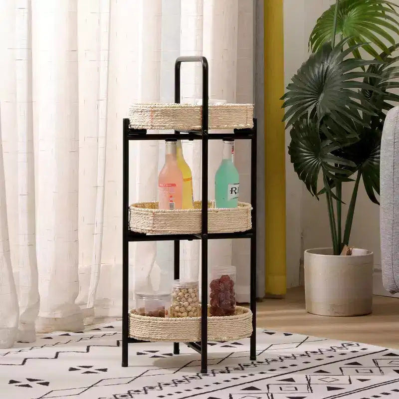 3 Tier Paper Rope Woven Tray Table Oval Storage Basket Shelves for Living Room Kitchen Natural