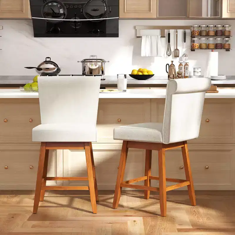 Costway 27 Swivel Bar Stools Set of 2/4 with Rubber Wood Legs Upholstered Linen Bar Chairs Beige/Gray