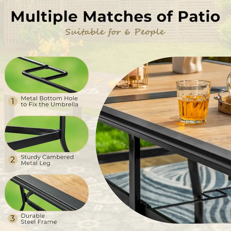 MAISON ARTS 7-piece Patio Dining Set, 6 Rattan Chairs with Cushion and 1 Table with Umbrella Hole - N/A