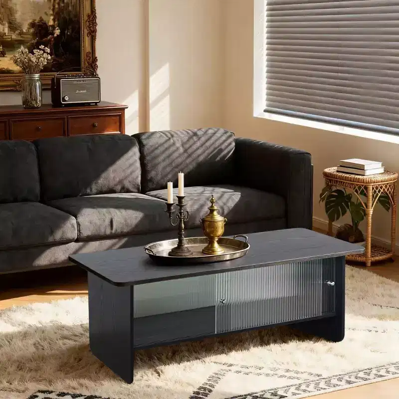 Modern Rectangular Coffee Table with Glass Sliding Door