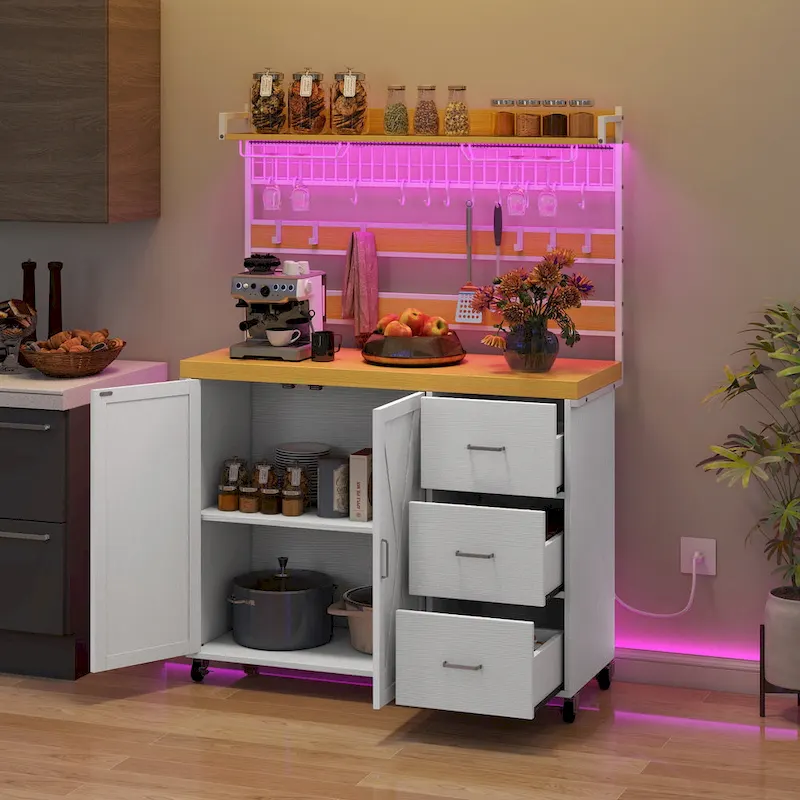 Moasis Large Rolling Kitchen Island Bakers Rack with Power Outlet, LED Light & Tall Shelf