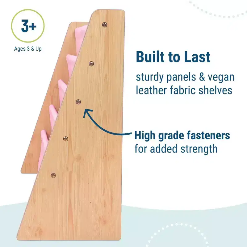 Vegan Leather Kids Sling Bookshelf – 4 Shelves, Natural Wood & Light Pink