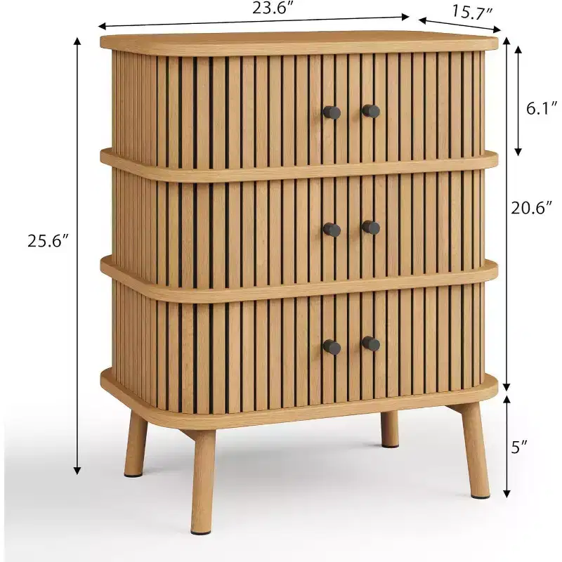 3 Drawer Dresser, Chest of Drawers for Bedroom, Mid Century Modern Nightstand, Spacious Storage Wicker Dresser with Matte Black Handles and Wood Legs