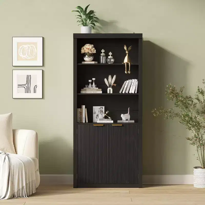 Modern Farmhouse 71 Tall Bookcase with Drawer & Doors, 5-Tier Freestanding Storage Cabinet and Display Shelf for Home Office or Living Room