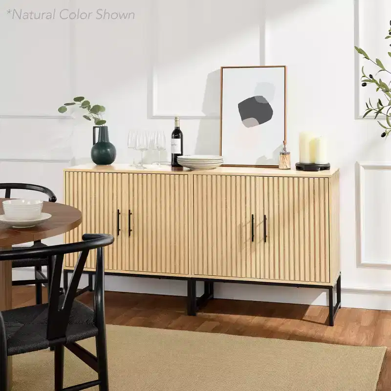 2-Door Slatted Storage Cabinet, Accent Furniture w/ Non-Scratch Foot Pads