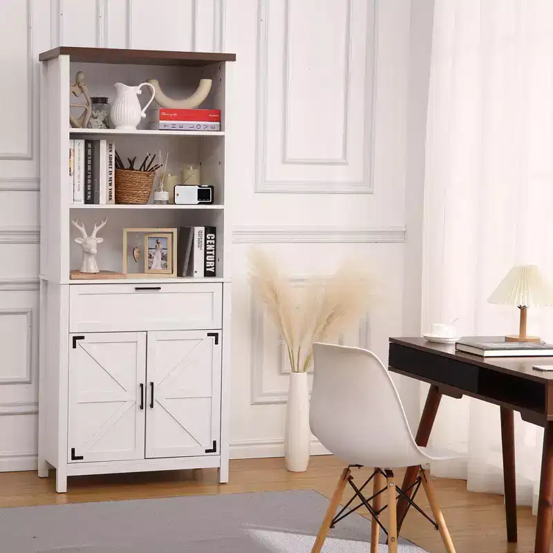 Farmhouse Bookshelf, 72 Tall Bookshelf with Doors and Drawer, 15 Deep Farmhouse Book Shelf with Storage Cabinet, Floor Standing Book Case