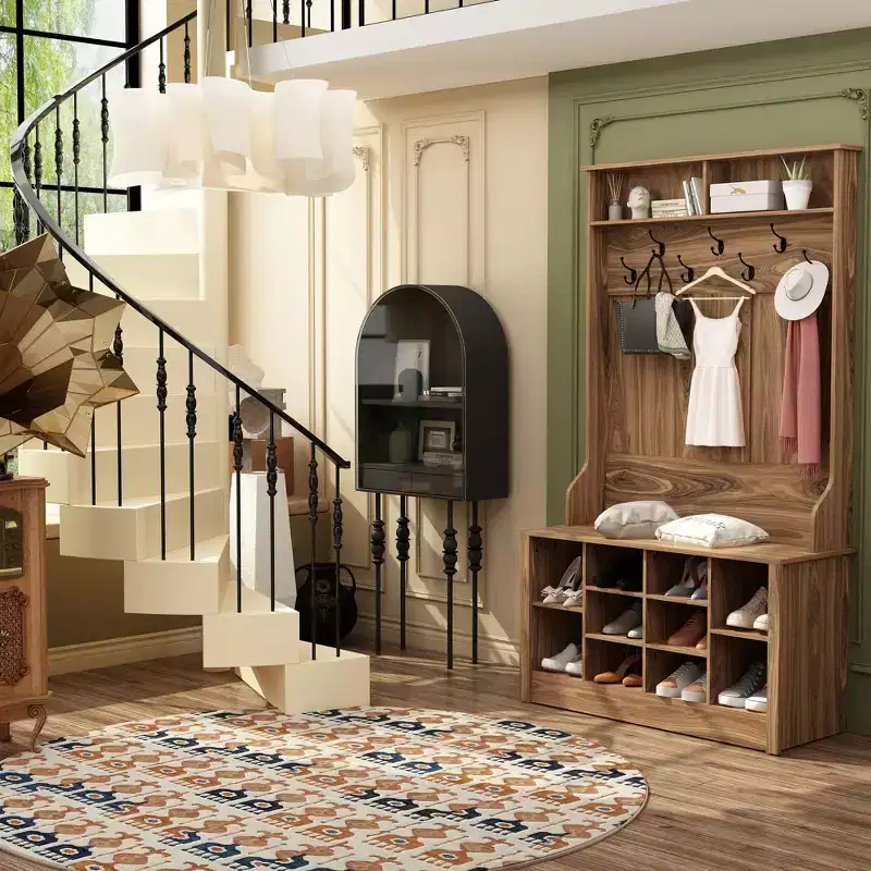 Famapy Wood 3-in-1 Hall Tree Bench with Double Hooks and Shelves