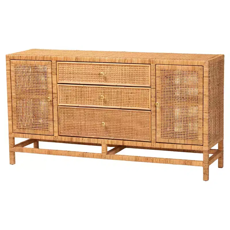 bali & pari Vivan Bohemian Honey Rattan and Mahogany Wood 3-Drawer Storage Cabinet