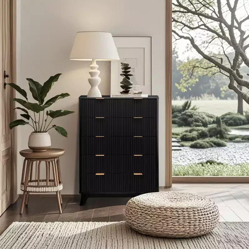 Modern drawer cabinet, wave-patterned drawer cabinet, grooved five-drawer vanity, suitable for bedrooms, living rooms, and hallways.