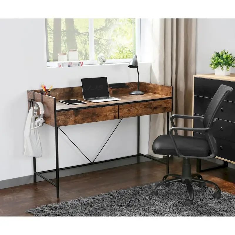 JJS 48 Home Office Computer Laptop Desk with Drawers, Modern Wooden Compact Study Writing Desk with Privacy Panel and Storage
