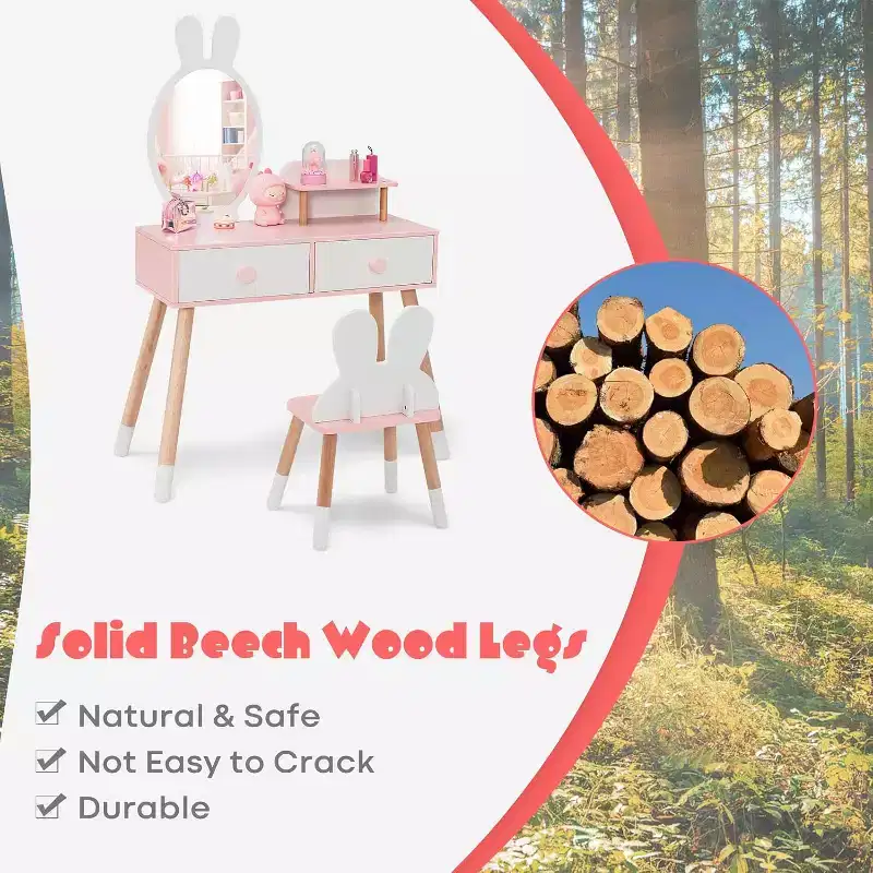 BALHAM TRADE-Rabbit Themed Kids Vanity Set White Wooden Makeup Table Chair w 2 Large Drawers