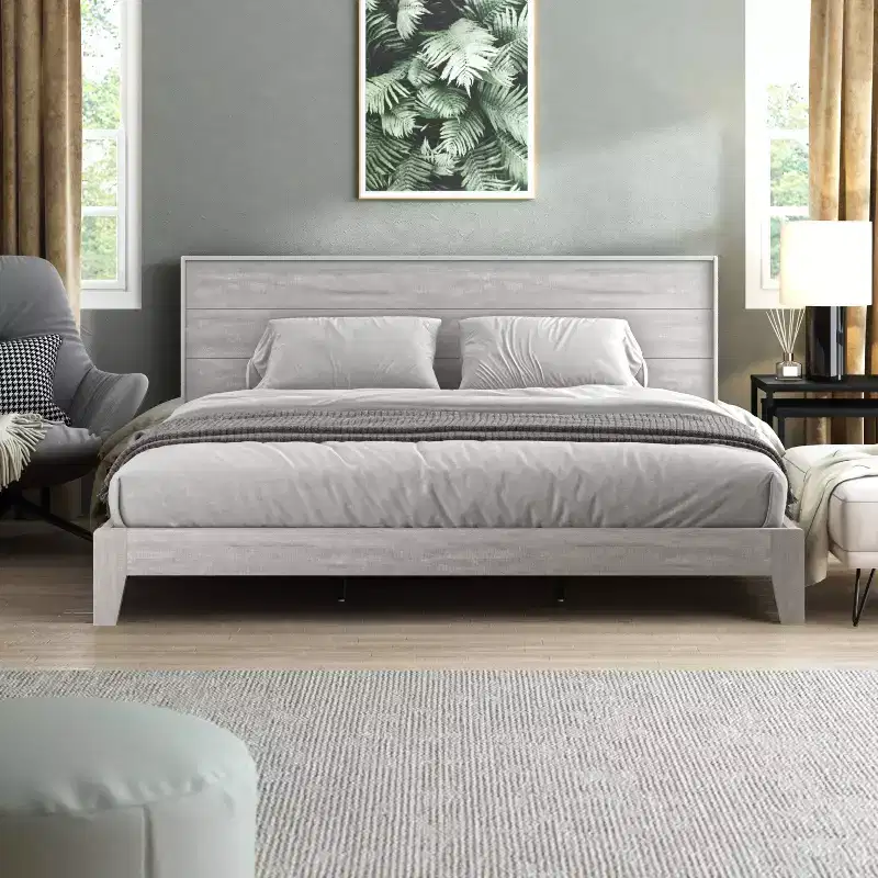 King Size Platform Bed with Headboard, Dusty Grey Oak, LVL Slat System