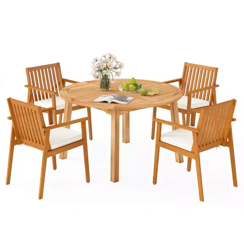 Costway 5 PCS Acacia Wood Patio Dining Set with Umbrella Hole & Cushions for Deck, Garden