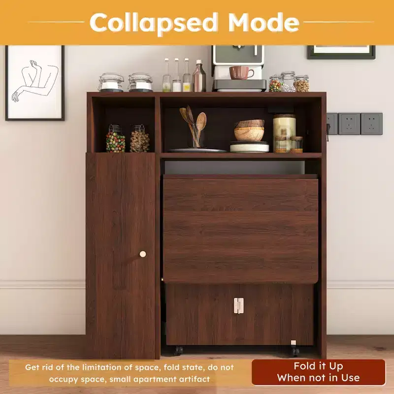 Folding Dining Table Space Saving with Wall-Mounted Sideboard & Storage for Small Spaces, Drop Leaf Dining Table