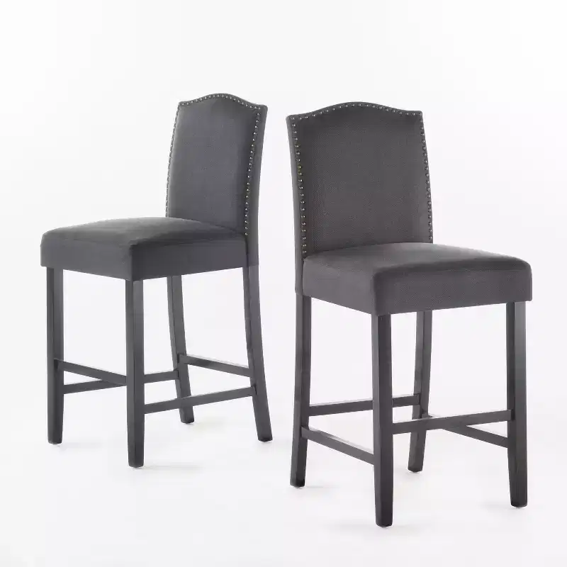 Set of 2 Upholstered Bar Stools Counter Stools Dining Chairs Pub Kitchen Stools with Nailhead Trim, Vintage&Antique, Gray/Brown-ModernLuxe