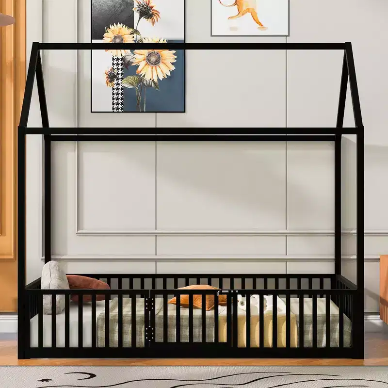 Metal Montessori House Bed with Door & Fence Rails, Kids & Toddlers, Twin/Full