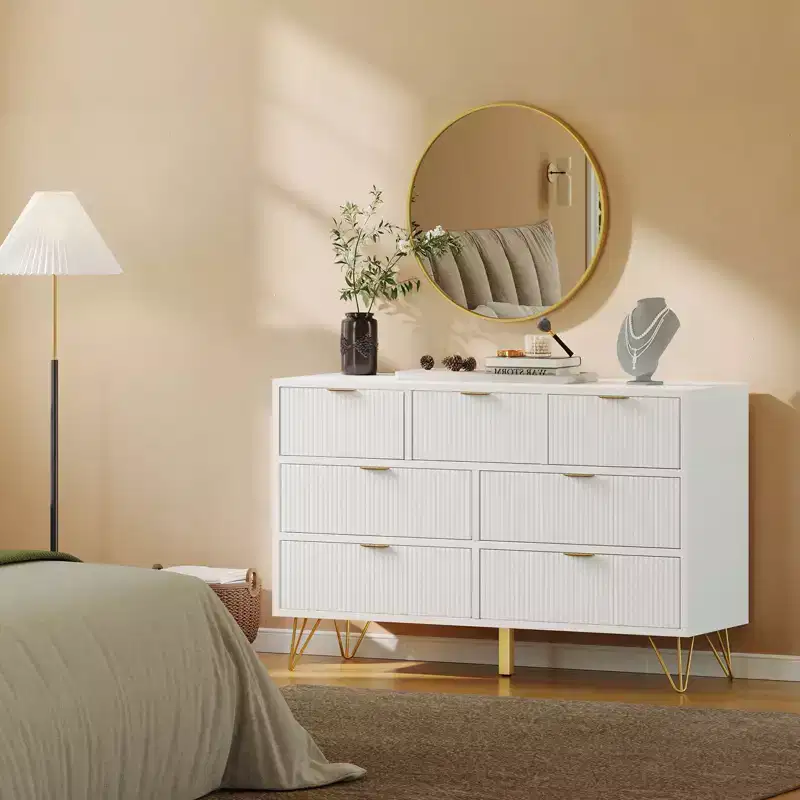 7 Drawer Dresser for Bedroom, 47.2 Wide Chest of Drawers with Metal Legs, TV Stand Dresser Storage Cabinet, Entryway Storage Organizer