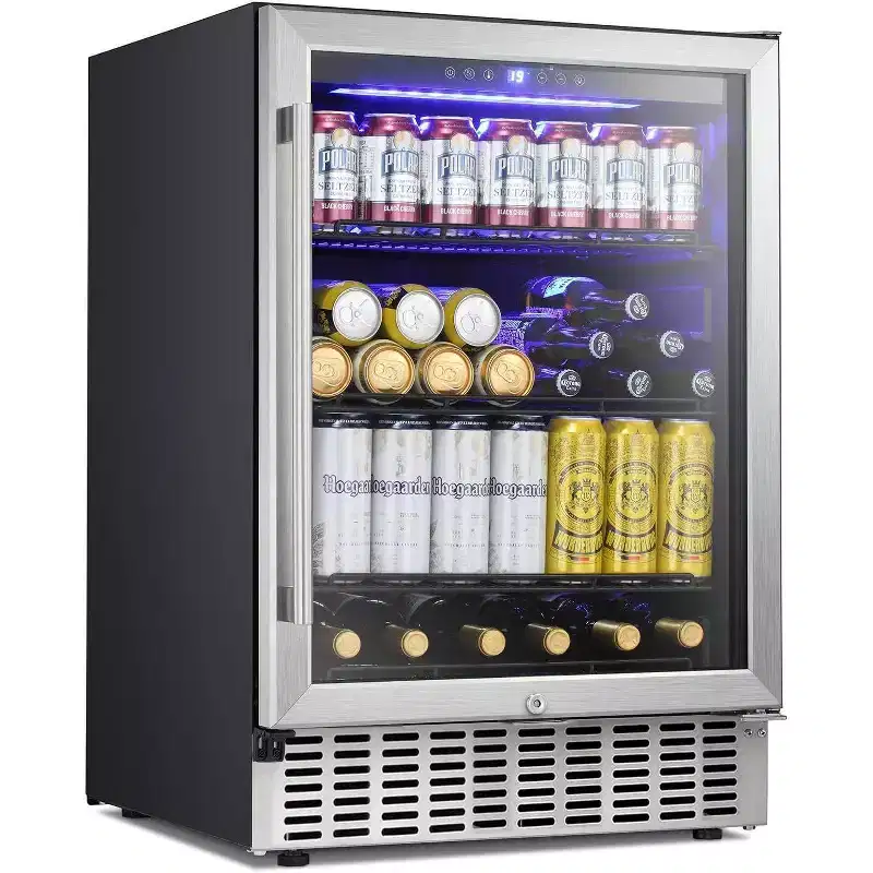 24 Inch Beverage Fridge with Clear Glass Door, Digital Memory Temperature Control, for Cans and Soda, LED Lighting, Quiet Operation