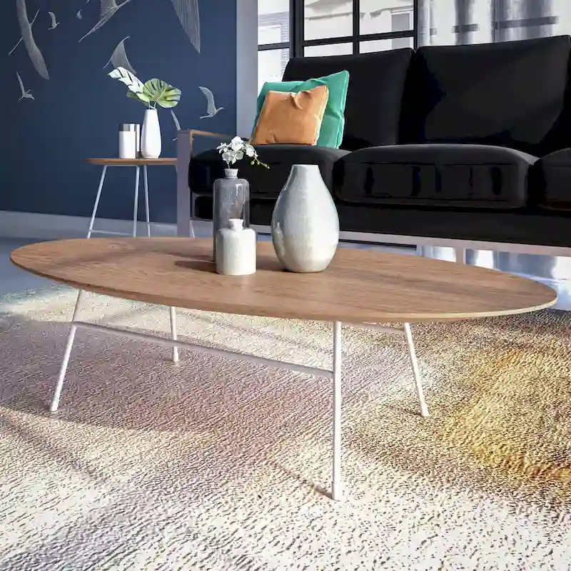 Modern Oval Accent Coffee Table with Powder-Coated Steel Frame for Living Room, Bedroom & Home Office