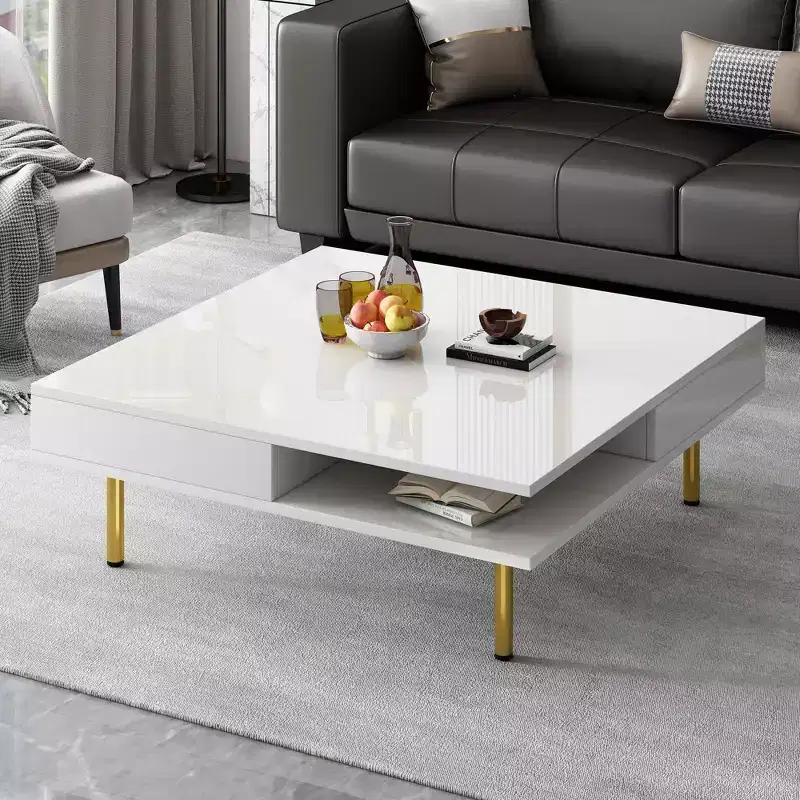 33.4 Coffee Table with 2 Drawers, 2-Tier Square Design, Open Shelves, 4 Golden Legs, Mid-Century Side Table for Living Room, White.