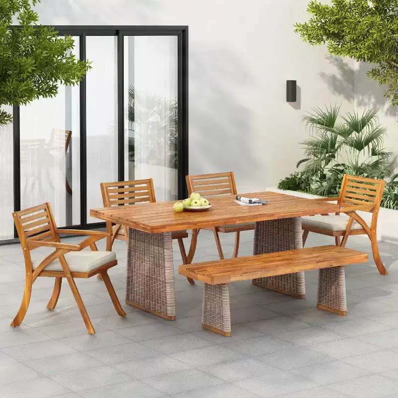 Christopher Knight Home Clara Rustic 6 Piece Outdoor Rattan Slatted Acacia Wood Dining Set with Cushions