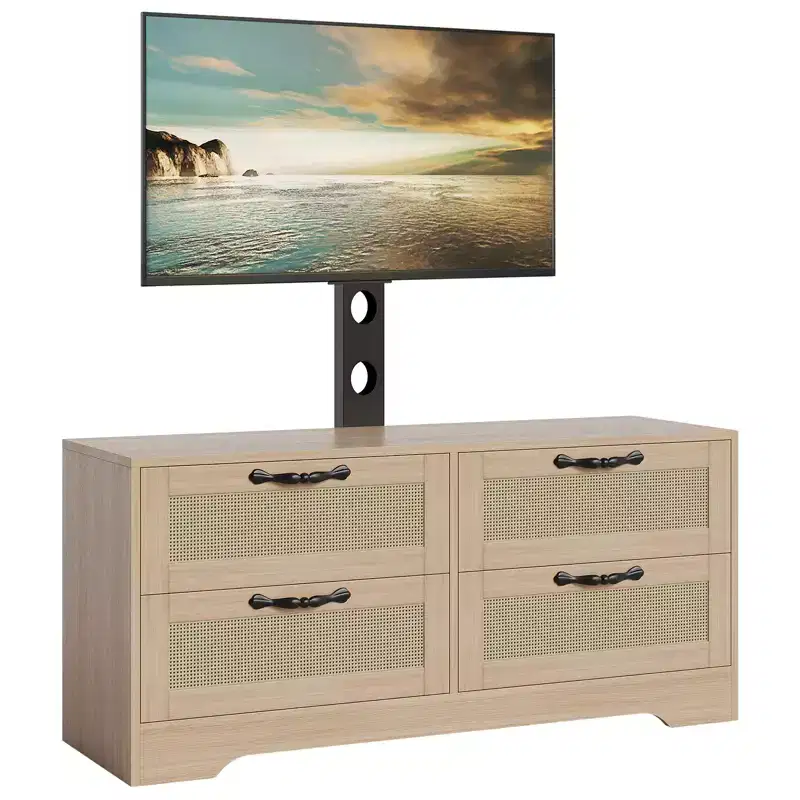 TV Stand Dresser with Drawers and Rattan Doors, Farmhouse Media Cabinet for Living Room Bedroom