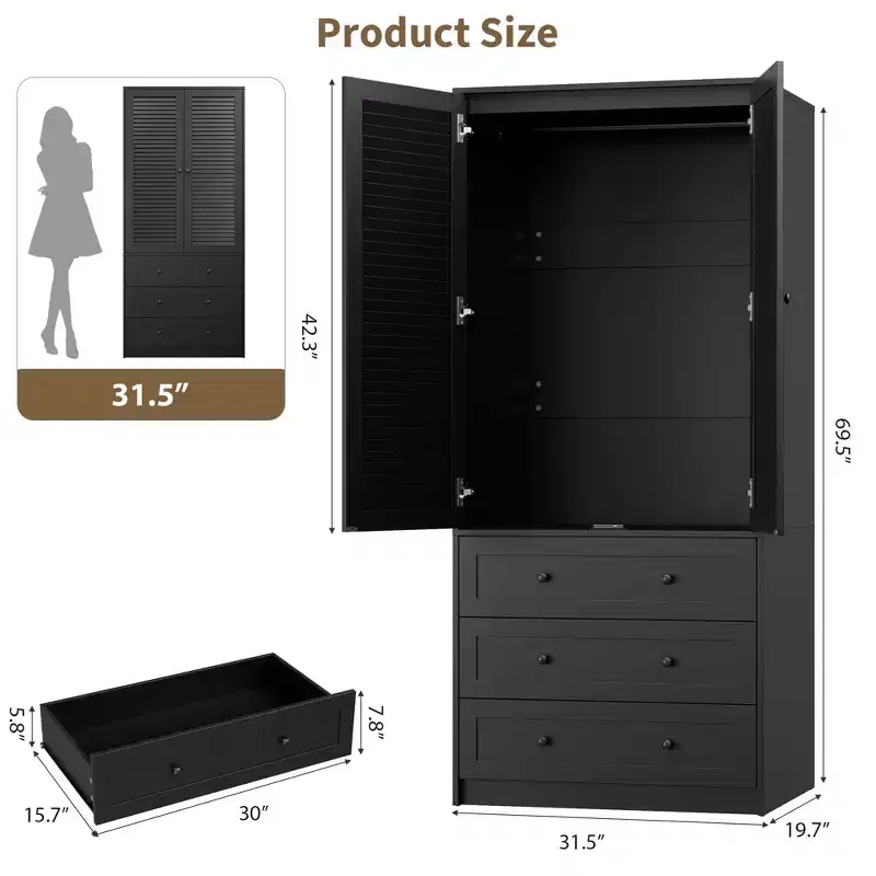 69.5 Wooden Armoire Wardrobe Closet with 3 Drawers, Hanging Rod, 2 Doors Clothing Storage Cabinet for Bedroom, Large Capacity Storage Wardrobe