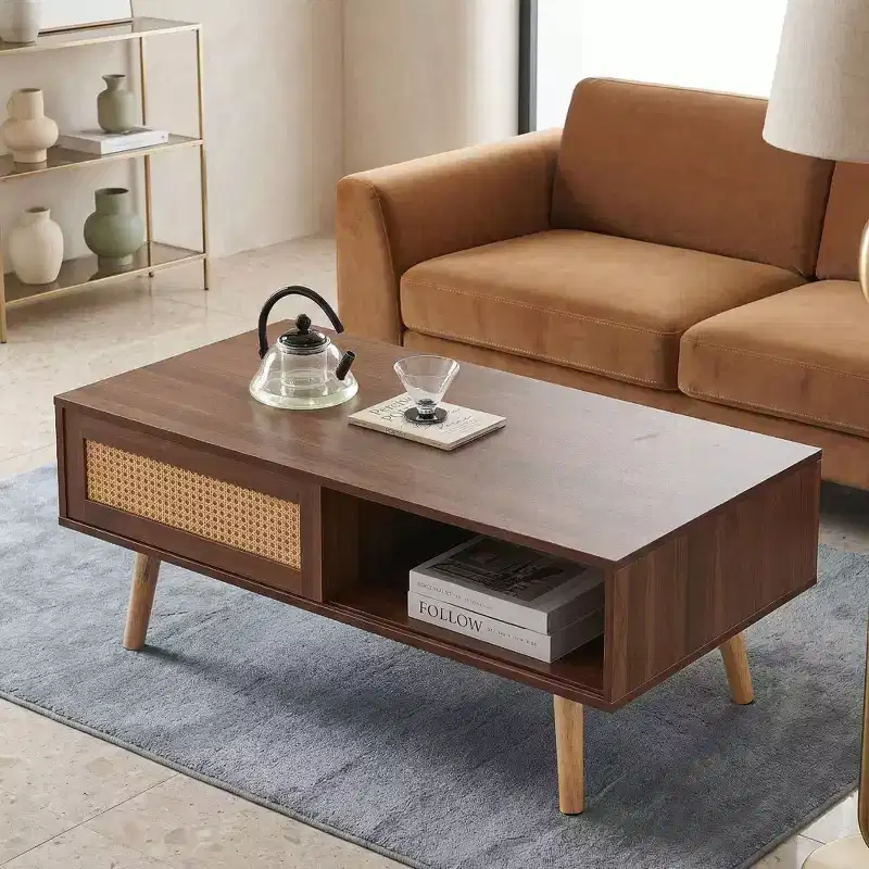 PE Rattan Coffee Table with Sliding Door Storage and Solid Wood Legs - Walnut