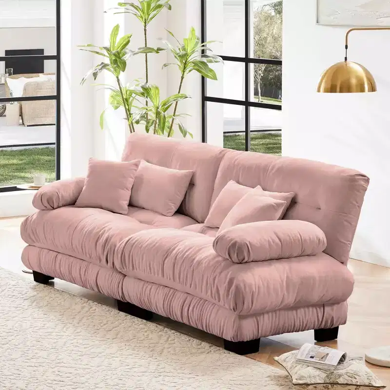 Cloud 2 Seater Sofa with 2 Seat 2 Lumbar Pillows 2 Throw Pillows for Living Room Pink
