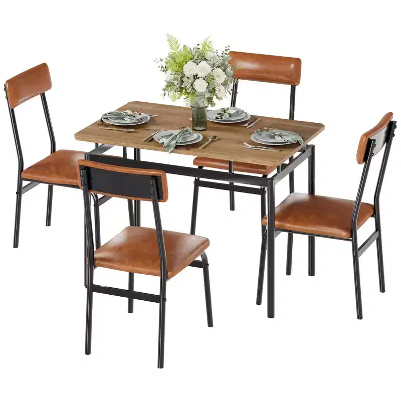 5 Piece Dining Table Set, with 4 PU Upholstered Chair