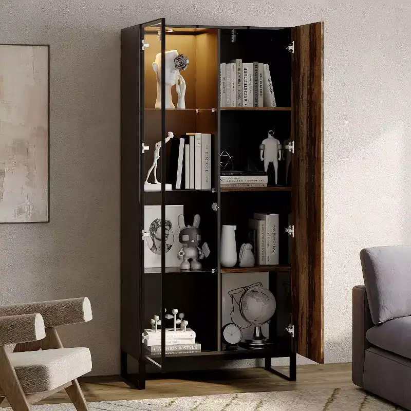 Hitow LED-Lighted Display Cabinet Bookcase Glass Wood Door Stylish Storage for Decor & Books Freestanding Cabinet